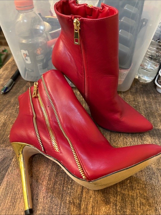 Catherine Malandrino Shoes - Catherine Malandrino Red Pointed-Toe Stiletto Ankle Boots with Gold Accents